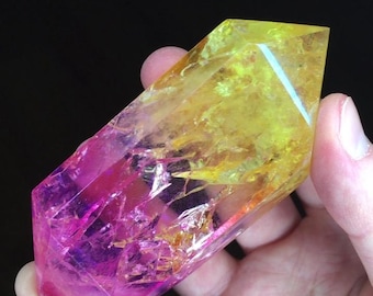 Pink Yellow Crackle Quartz Double Terminated 3" – Color Treated Quartz Point, Heart & Solar Plexus Crystal, Energy Balance Stone