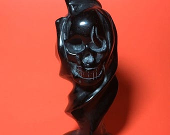 Black Obsidian Flame Skull Carving Polished Crystal Stone Gothic Decor 5"