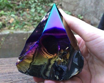 Titanium Aura Obsidian Tower Point Crystal Flame Melt 4in