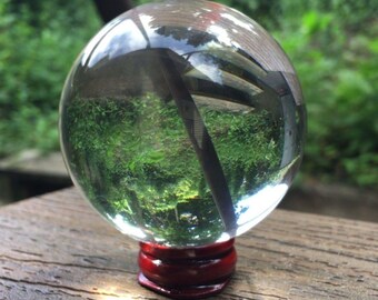 Vintage Clear Glass Crystal Ball Wood Base Stand Divination Occult Decor 2.5in