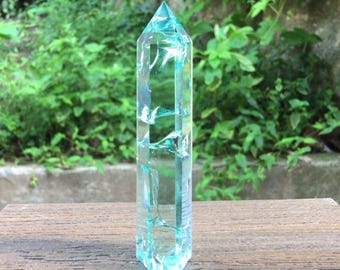 Aqua Blue Crackle Quartz Fire and Ice Point Wand Polished Crystal 4.5in