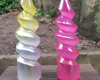 Selenite Spiral Tower Unicorn Horn Crystal 2 Piece Set Aura Finish Carving Pink Gold 6in