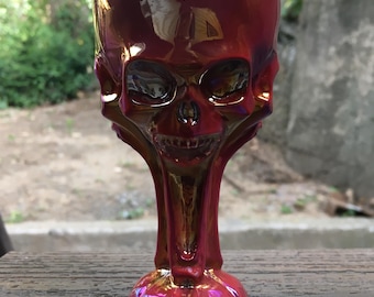Aura Obsidian Triple Skull Chalice Carving Rainbow Iridescent Crystal Decor 5"