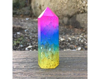 Rainbow Purple Blue Yellow Crackle Quartz Point Crystal Wand Natural Specimen