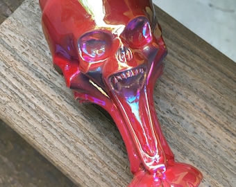 Aura Obsidian Triple Skull Chalice Carving Rainbow Iridescent Crystal Decor 5"