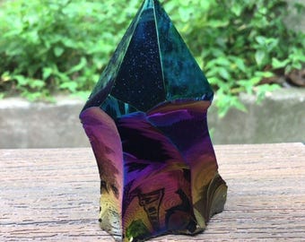 Titanium Aura Obsidian Tower Point Crystal Flame Melt 4in