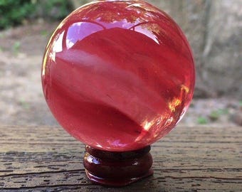 Cherry Quartz Style Crystal Sphere Red Glass Crystal Ball Orb w Stand Decor 2"