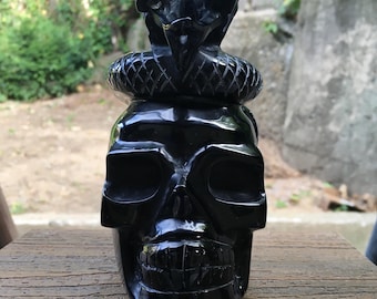 Black Obsidian Crystal Skull with Twin Cobra Snakes Carved Gemstone Metaphysical Decor 2.77lb