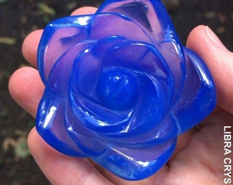Indigo Blue Glass Rose Flower Carving Polished Blossom Figurine Decor Collect 2"
