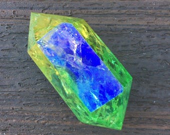 Yellow Gold Green Crackle Quartz Double Terminated Wand Crystal Point