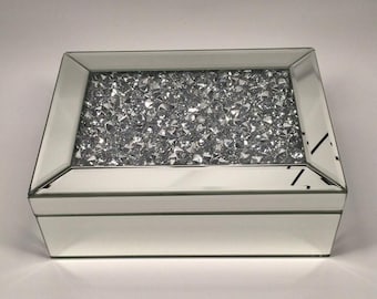 Vintage Mirrored Jewelry Box Crystal Accent Lid Glam Hollywood Regency Decor 5lb