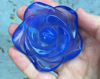Indigo Blue Glass Rose Flower Carving Polished Blossom Figurine Decor 2in