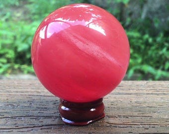 Cherry Quartz Style Crystal Sphere Red Glass Crystal Ball Orb w Stand Decor 2"