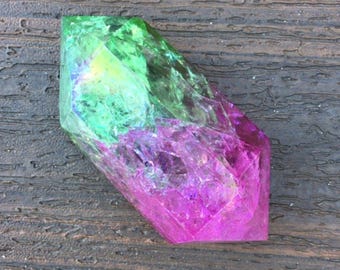 Purple Green Crackle Quartz Double Terminated Wand Crystal Point