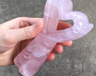 Rose Quartz Heart in Hands Wand Polished Crystal Carving Metaphysical 288g 5"