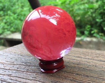Cherry Quartz Style Crystal Ball Sphere Orb Red Glass w Wood Stand Base 2in