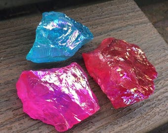 Rainbow Aura Quartz Raw Crystal 3 Piece Set Iridescent Colorful Stones 332g
