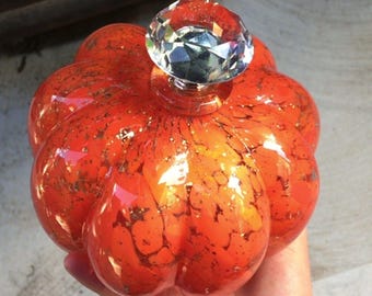 Orange Glass Pumpkin Light Up Jeweled Top Gold Fleck Fall Decor Halloween Thanksgiving Vintage