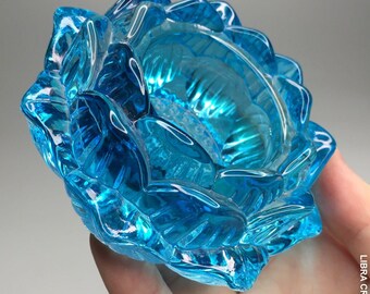 Blue Glass Lotus Flower Candle Holder Tealight Votive Decora Centerpiece 3.5"