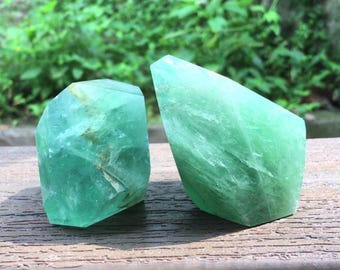 Natural Green Fluorite Freeform Polished Reiki Crystal Stone Set Pair 2pc 2.5in