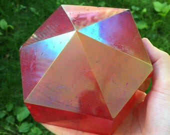 Red Aura Quartz Tridecagon 13-Sided Sacred Geometry Crystal Grid Stone 2lb