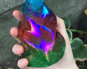RGB Aura Quartz Flame Color Treated Crystal Rainbow Titanium Style Large 4.5"