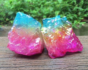 Rainbow Aura Raw Quartz Color Enhanced Display Stone Specimen Pair Set 2pc 316g