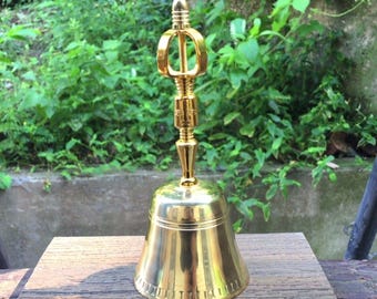 Vintage Gold Tone Tibetan Bell Buddha Face Meditation Altar Ritual Spiritual 7.5in