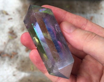 Storm Gray Teal Blue Aura Quartz Double Terminated Wand Crystal Point 3in