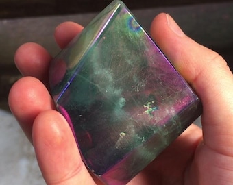 Rainbow Aura Fluorite Freeform Polished Crystal Set Iridescent Gemstone 186g