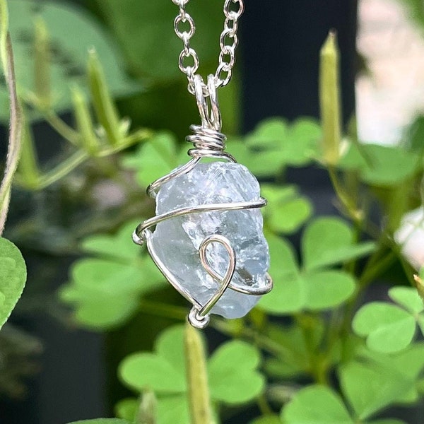 Celestite Crystal Wire Wrapped Necklace w/ Simple Design, Sterling Silver Jewelry, Silver Plated Steel Chain Jewelry, Small Pendant Necklace