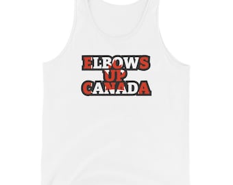 May include: White tank top with the text "ELBOWS UP CANADA" in red and black lettering. The text is stacked, with "ELBOWS" above "UP" above "CANADA". The tank top is made of a soft, breathable material.