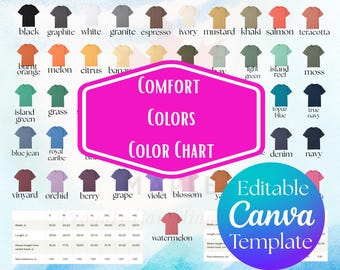 May include: Color chart for t-shirts with a variety of colors, including black, white, gray, green, blue, red, orange, yellow, and purple. The chart is labeled "Comfort Colors Color Chart".