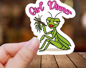 Funny Girl Dinner Sticker: Praying Mantis Vinyl Decal - Feminist Bug Pun