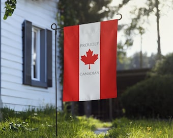 May include: A red and white garden flag with a Canadian maple leaf and the text "Proudly Canadian".