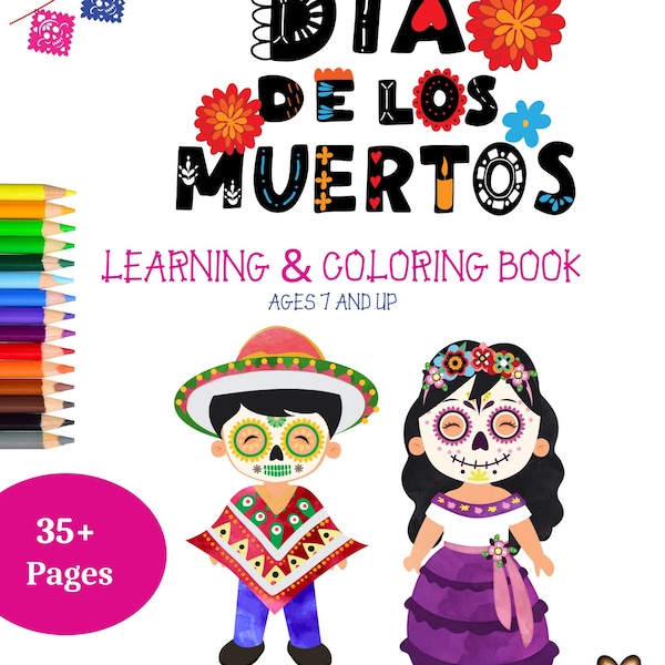Dia de los Muertos Learning and Coloring Book Printable.  Day of the Dead Digital Learning and Coloring book.