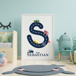 Impressão de nome personalizado de carro, impressão de berçário personalizada, transporte, impressão de carro, impressão de carta, impressão, arte de parede de berçário, decoração de quarto de meninos