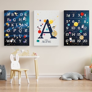 Juego de 3 impresiones de arte mural espacial personalizado, impresión personalizada del nombre del bebé, pósteres imprimibles del alfabeto infantil, impresiones del nombre del bebé niño, impresiones del nombre de la niña