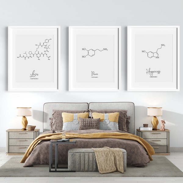 Peace Love and Happiness Molecules, Serotonin Wall Art, Print Set Of 3, Serotonin, Oxytocin, Dopamine, Chemistry Poster