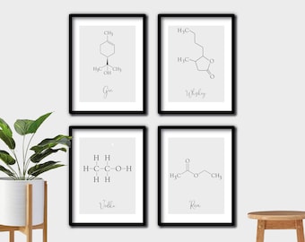 Vodka Whiskey Gin and Rum Molecules Wall Art | Set Of 4 Prints | Bar Chemistry | Kitchen Art | Whiskey Formula | Gift for Her | Gift for Him