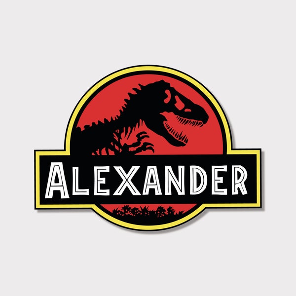 Personalised Jurassic Park Stickers, Dinosaur Inspired, Kids Name Sticker, Dinosaur T-Rex Weatherproof Sticker for Boys Girls