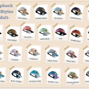 Übersicht der verschiedenen Snapback Cap Styles und Farben von Soulbuddy. Die Collage zeigt die Vielfalt der angebotenen Modelle.