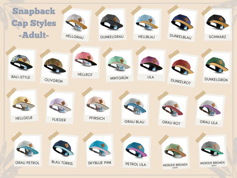 Übersicht der verschiedenen Snapback Cap Styles und Farben von Soulbuddy. Die Collage zeigt die Vielfalt der angebotenen Modelle.