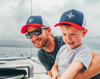 Cadeau de la fête des Pères | Cadeaux de naissance | Cadeau papa | Annoncer une grossesse | Casquettes de camionneur partenaires Ensemble de 2 | Bleu rouge