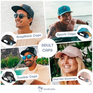 Collage, die das gesamte Cap-Sortiment von Soulbuddy präsentiert, darunter verschiedene Snapback Caps, Trucker Caps und Curve Caps in diversen Farben für Erwachsene. Ideal zur Übersicht über alle verfügbaren Modelle.