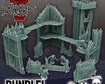 May include: A gray, 3D-printed Badlands bundle of terrain pieces for tabletop gaming. The set includes modular structures with spiked edges, walkways, and a tower. The word "BUNDLE!" is displayed at the bottom, along with the Forbidden Prints logo.