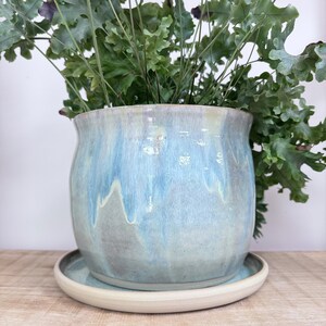 Op de afbeelding: Een keramische plantenpot met een lichtblauwe en grijze glazuur, met een afgeronde vorm en een bijpassende schotel. De pot is gevuld met groene bladplanten. De pot en schotel staan op een houten oppervlak.