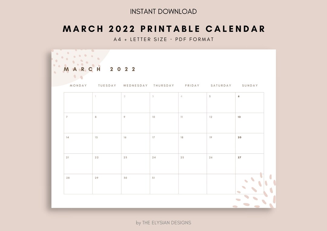March Monthly Printable Calendar 2022, Landscape, A4/letter, Monday ...