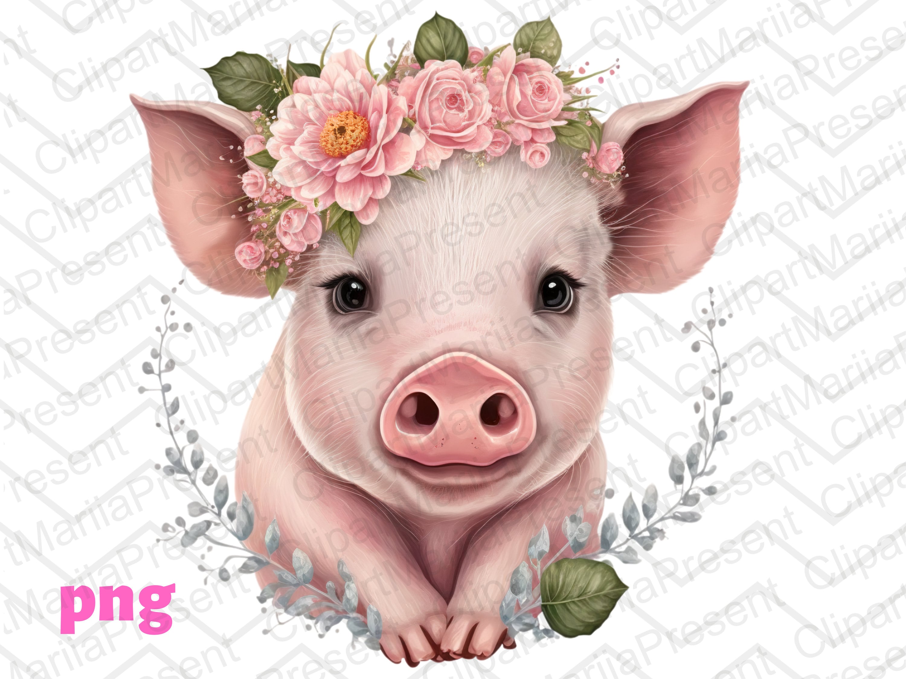Pig Png Pig Clipart Pig With Flowers Cute Pig Png Pig Clip Etsy