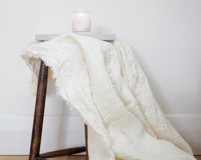 Pure Linen Throw Blanket in Large, White Colour, Fringed Blanket, Soft Bed and Couch Throw